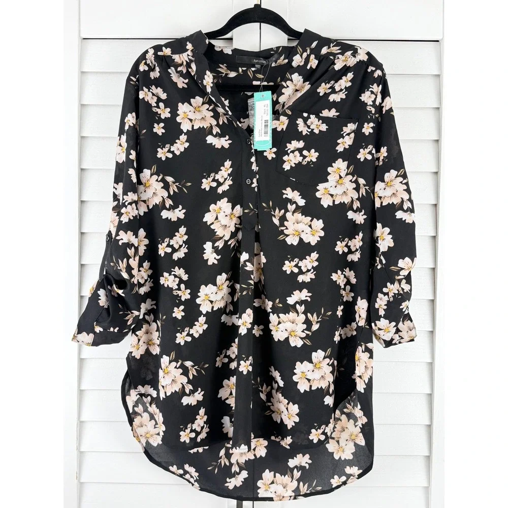 Fun2Fun Mackenzie Henley Blouse Black‎ Floral Roll Tab Sleeve Top XL